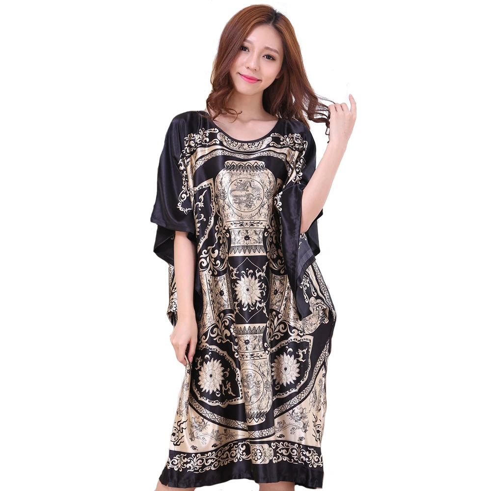 

Plus Size Black Women's Summer Lounge Robe Lady New Sexy Home Dress Rayon Nightgown Large Loose Sleepwear Bathrobe Gown S002-B