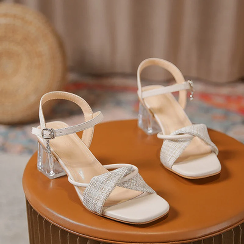 

Sandals Women 2021 Summer Ladies Houndstooth Transparent Glass Square Heel Sexy Sandals Female High Heel Sandals