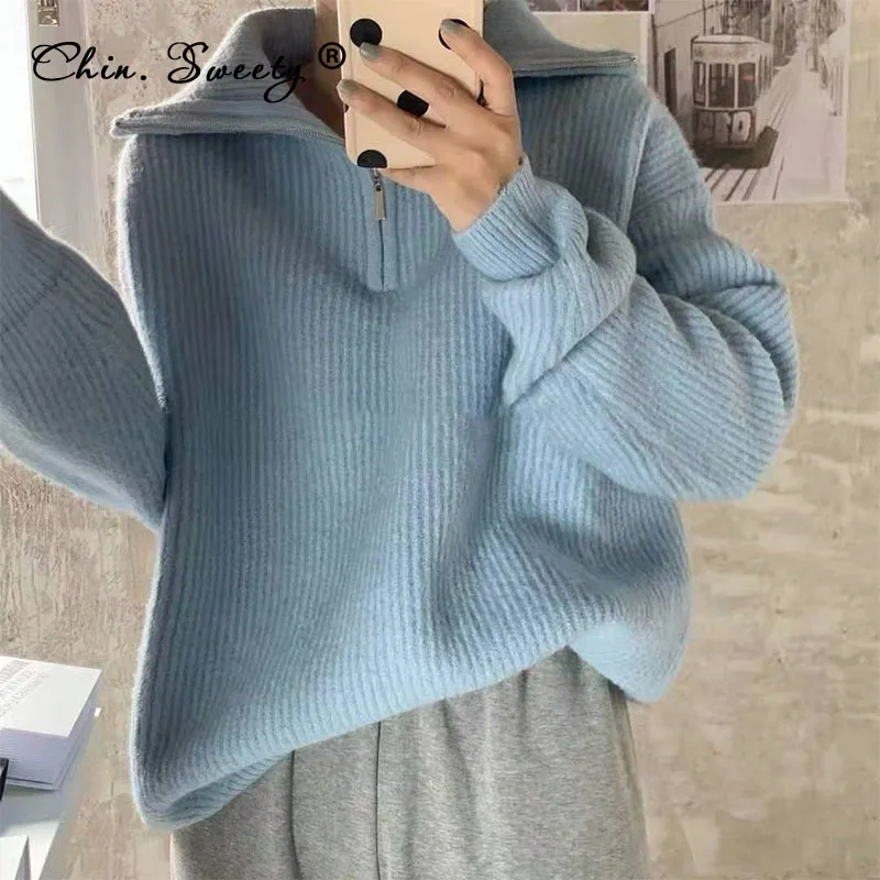 

Knitted Thicken Women' Sweater Pullovers 2021 Winter Polo Collar Zipper Long Sleeve Jumper Knitwear Ladies Office Fashion Tops