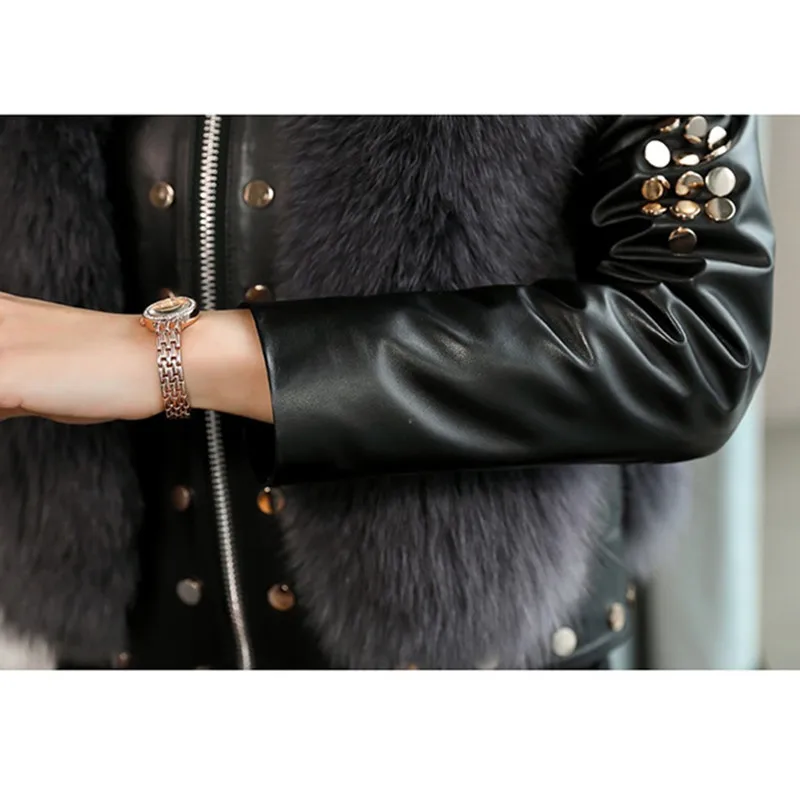 Женская короткая куртка из натуральной кожи мотоциклетная хлопка с лисьим мехом