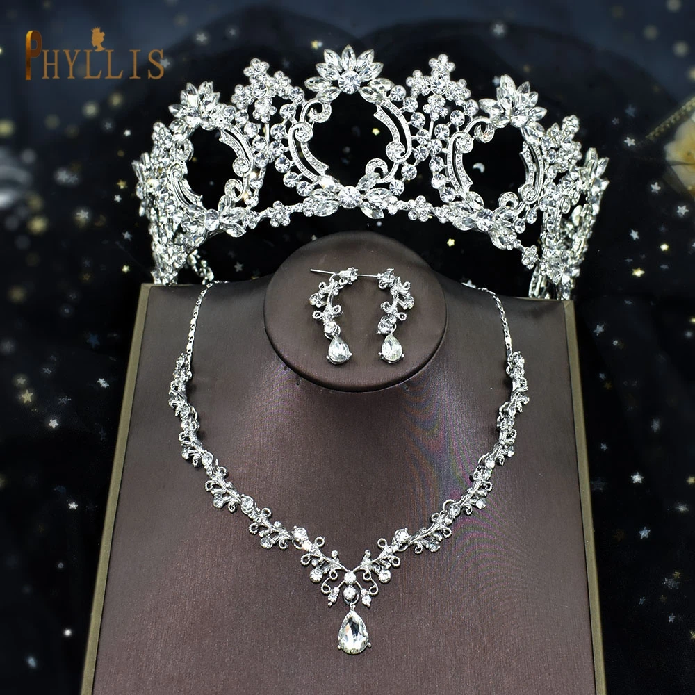 

A116 Silver Crystal Bridal Hair Jewelry Sets Wedding Crown Tiara Earring Necklace Set Wedding Jewelry Accessories Bride Tiara