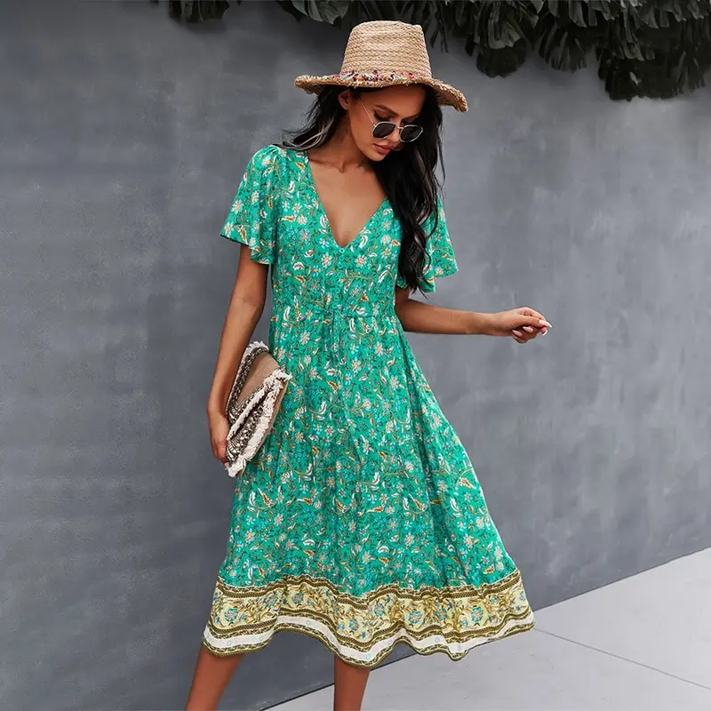 

Spring Print Dress Women Casual Short Sleeve V Neck High Waist Dress For Woman 2021 New Bohemian Summer Dress