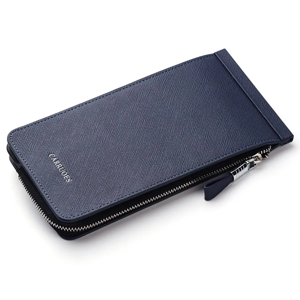 

Cross Pattern Long Zipper Wallet Card Holder Buttoned Wallet Cell Phone Thin Bag Wallet With Double Zipper For Men