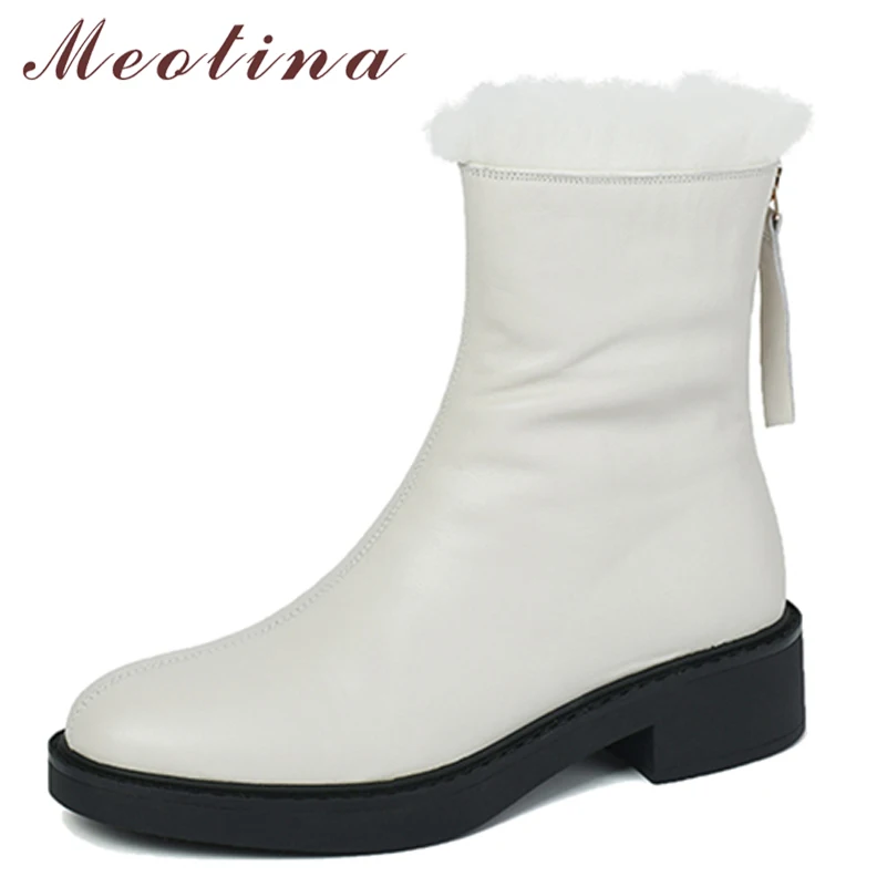 

Женские ботинки из натуральной кожи Meotina, Зимние ботильоны на толстом среднем каблуке, с круглым носком, на молнии, бежевого и черного цвета