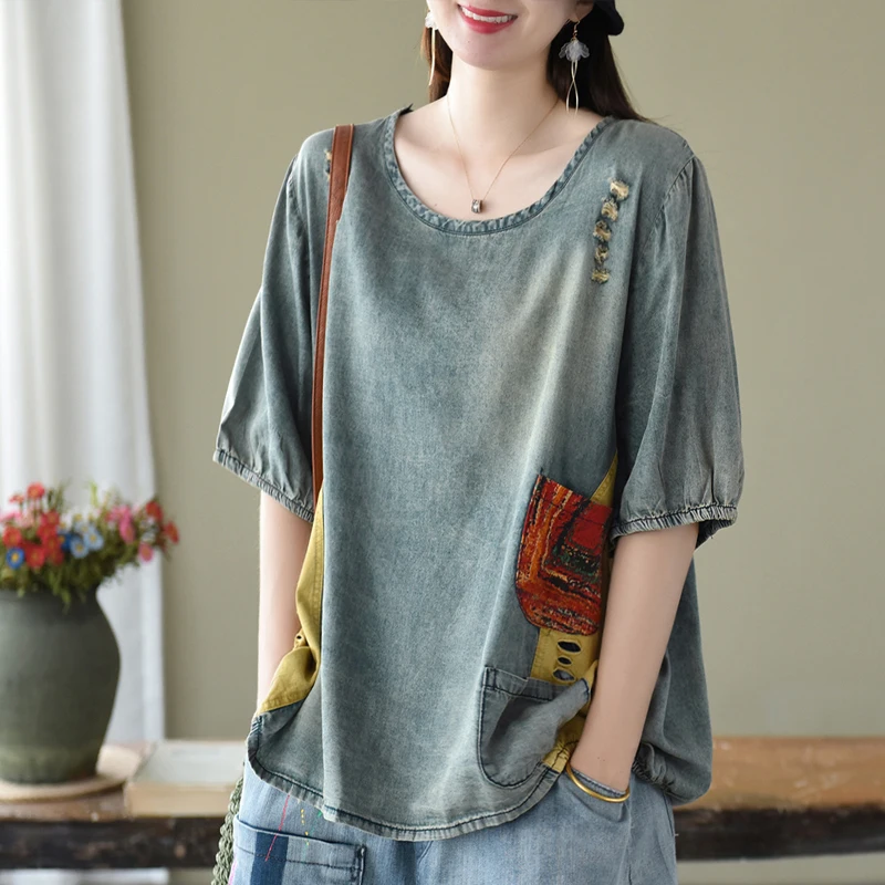 Women T-shirt Summer Loose Casual Denim Tops 2020 New O-Neck Short Sleeve Spliced hole Retro All-match | Женская одежда