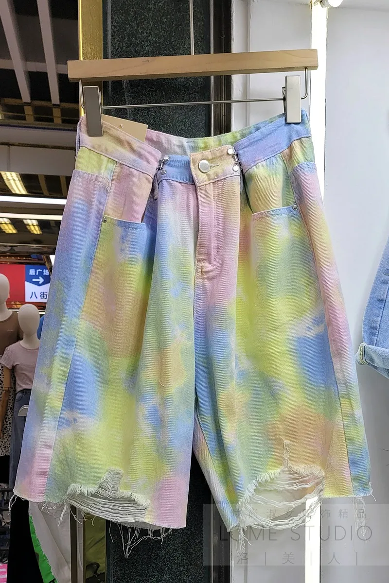 

Colour Tie-Dyed Shorts Rainbow Buckle Wide-Leg Jeans Women's Straight Casual Denim Short Pants Summer Fashion Cropped Pants