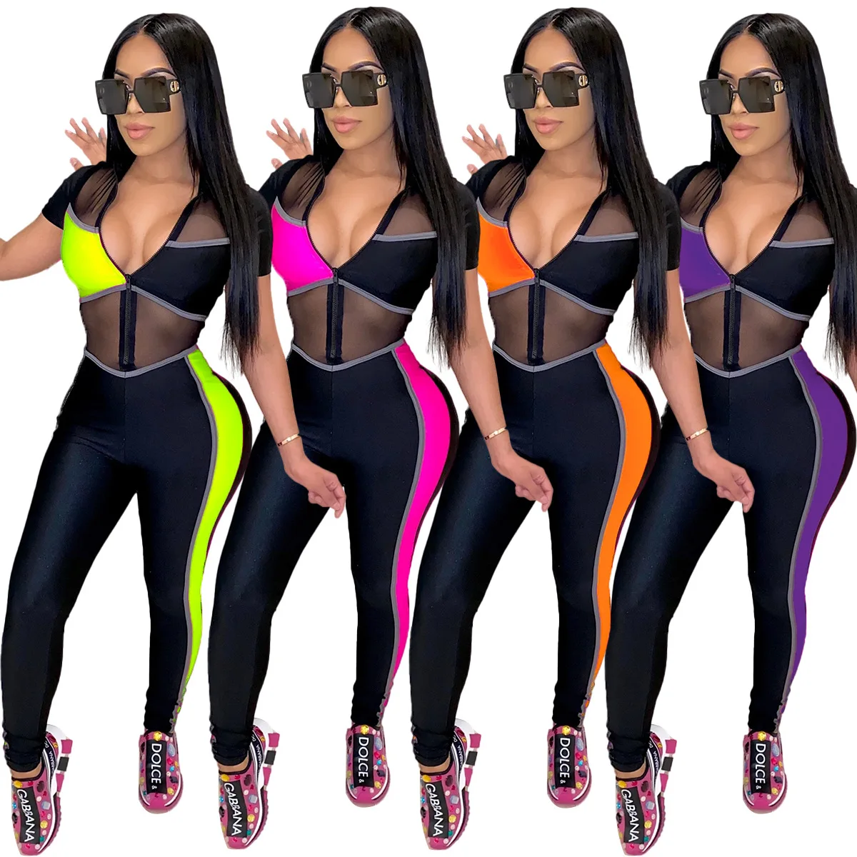 

Sexy Mesh Jumpsuit Women 2021 Bodycon Patchwork One Piece Zipper Up Bodysuit JoggingTraksuit Club Outfits Wholesale Dropshipping
