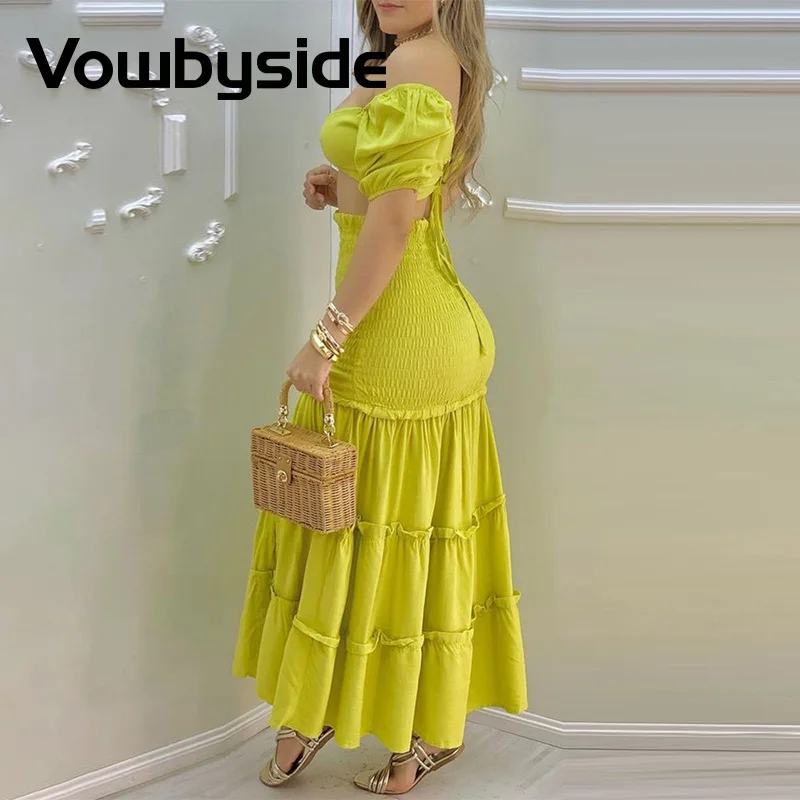 

O-Ring Crop Top & Frill Hem Shirred Slit Maxi Skirt Set Summer Women Two Piece Set