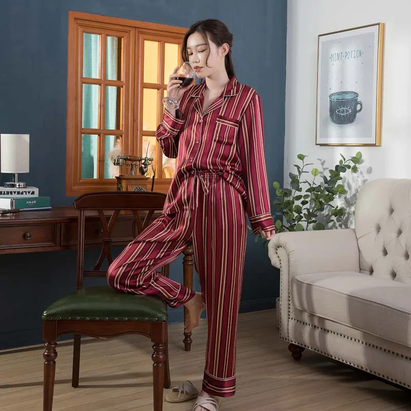 Silk Pajamas Stripe Long Sleeve Two-Piece 100% Pure Silk Comfortable Tracksuit
