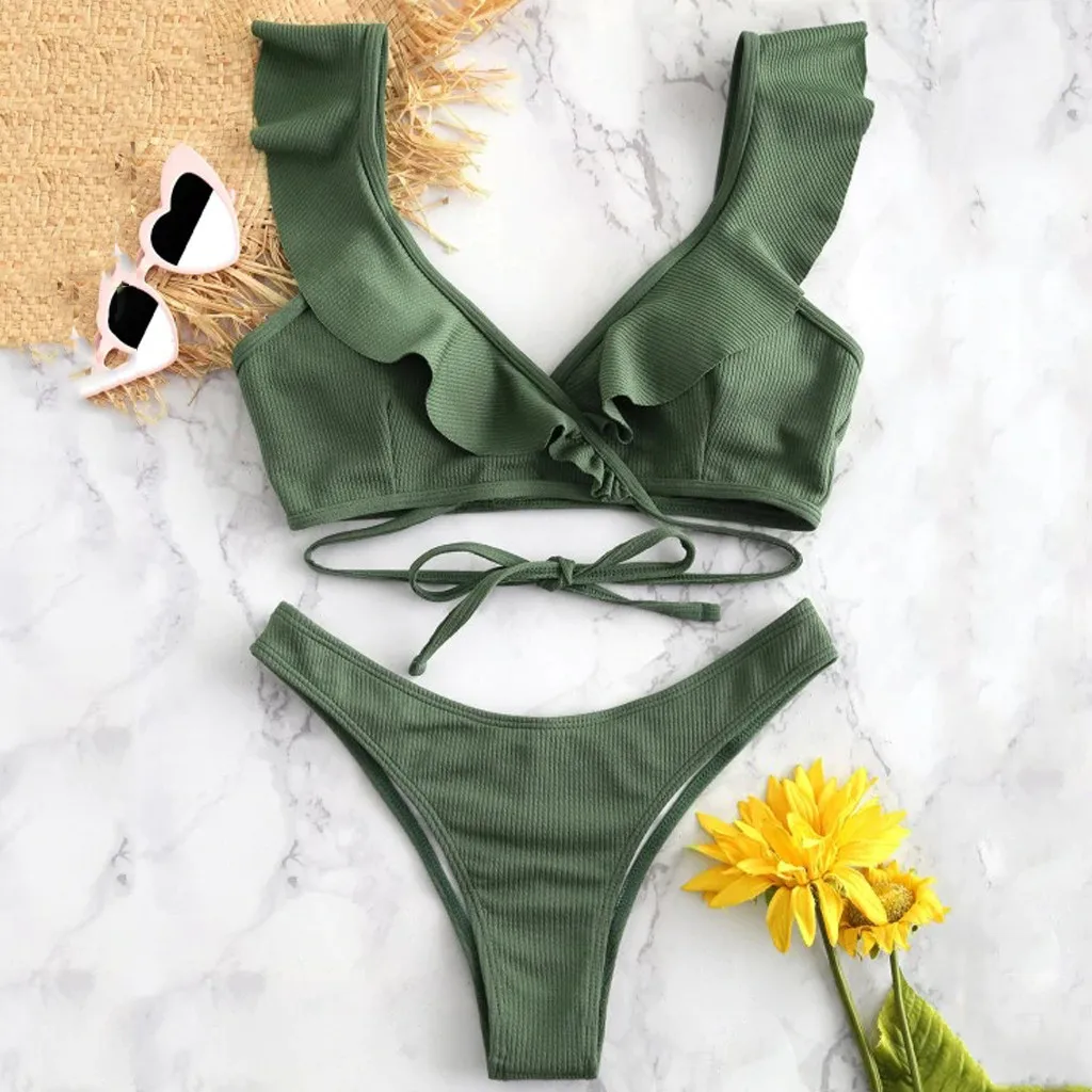 

40# Swimsuit Women Bikini Set Ruffled Padded Swimwear High Waist Bathing Swimsuit Solid color Beachwear Bikini Brazilian