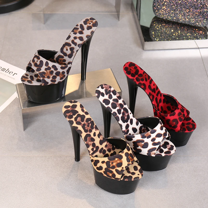 Model Women 17 CM Party Club Walking Show Stripper Super High Heel Slipper Female Summer 2021 New Sexy Leopard Platform Heels