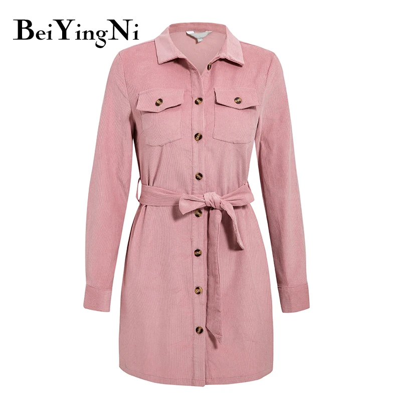 

Beiyingni Corduroy Women Dress Shirt Korean Buttons Sashes 2019 Long Sleeve Dresses Elegant Plus Size Autumn Vestidos 2019 Festa