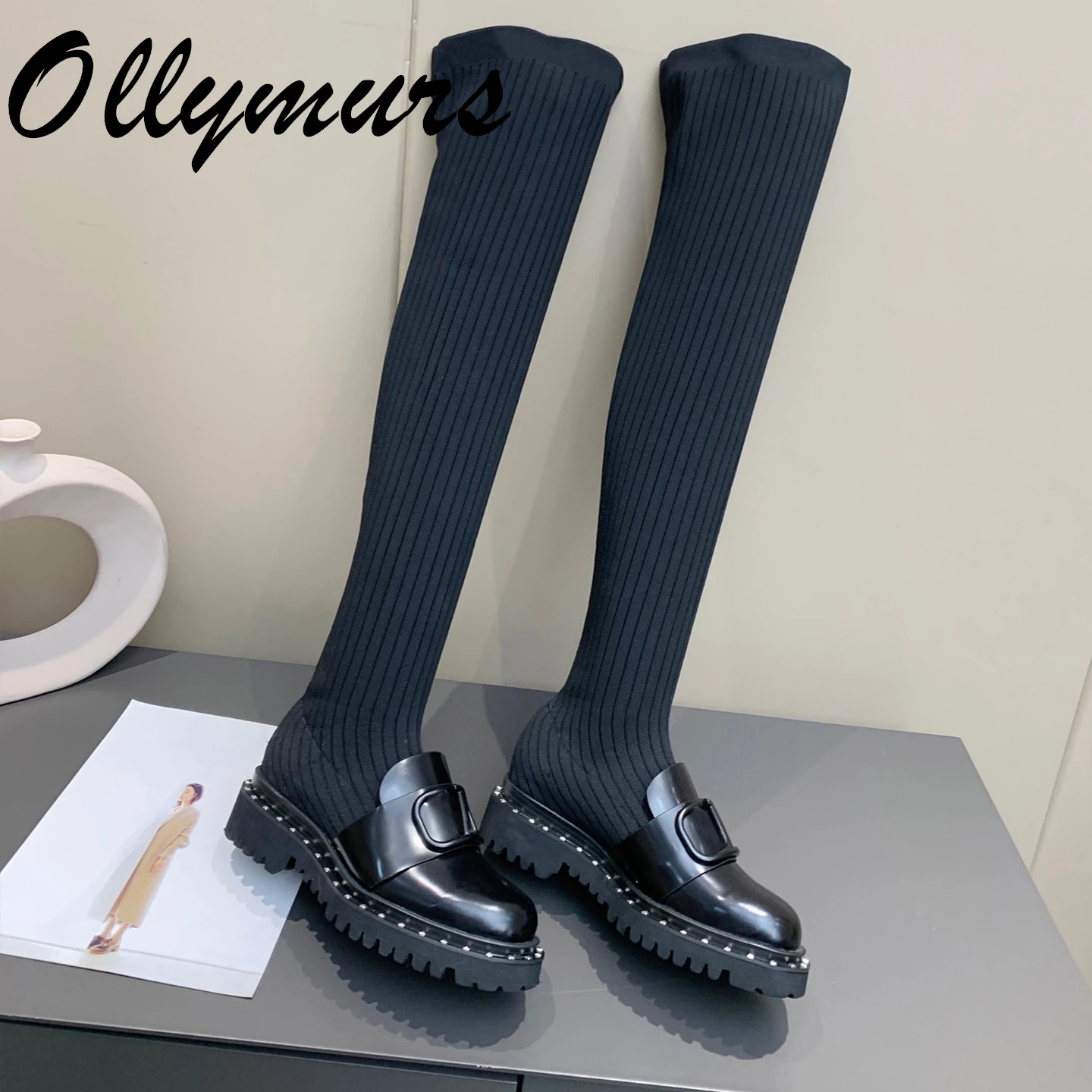 

Prowow New Winter Knited Knee HIgh Sock Boots Luxury Designer Long Boots Female Women Shoes