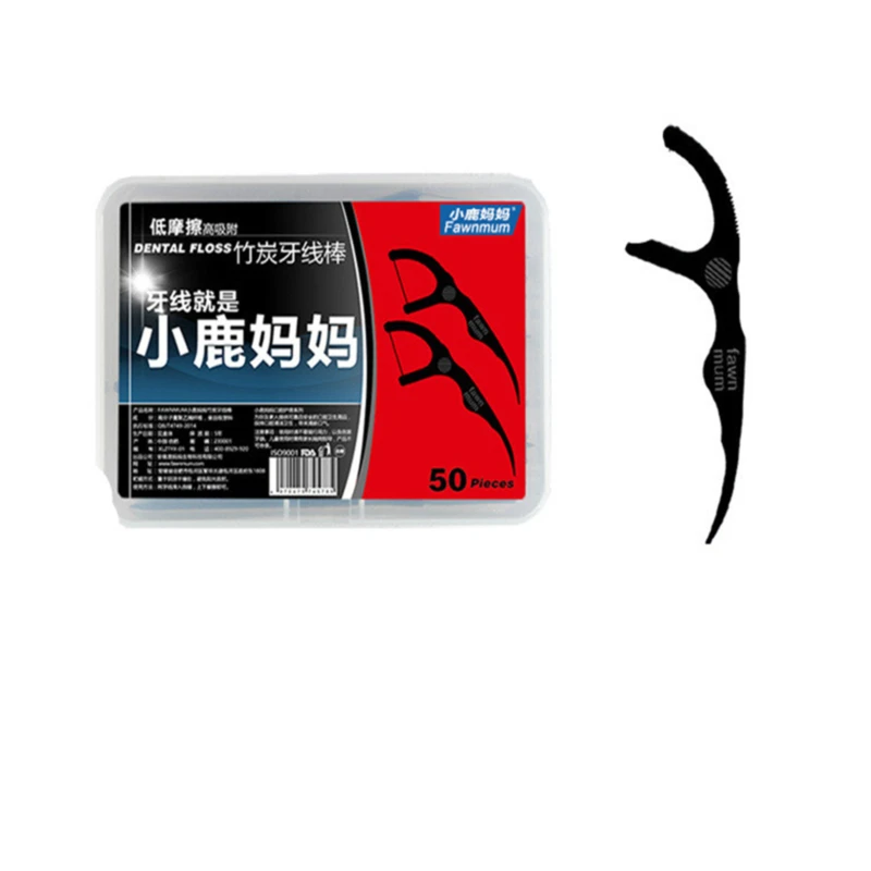 

50pcs/pack Dental Floss Black Bamboo Charcoal Teeth Stick Brushes Oral Clean Toothpick Interdental Accessories With Box