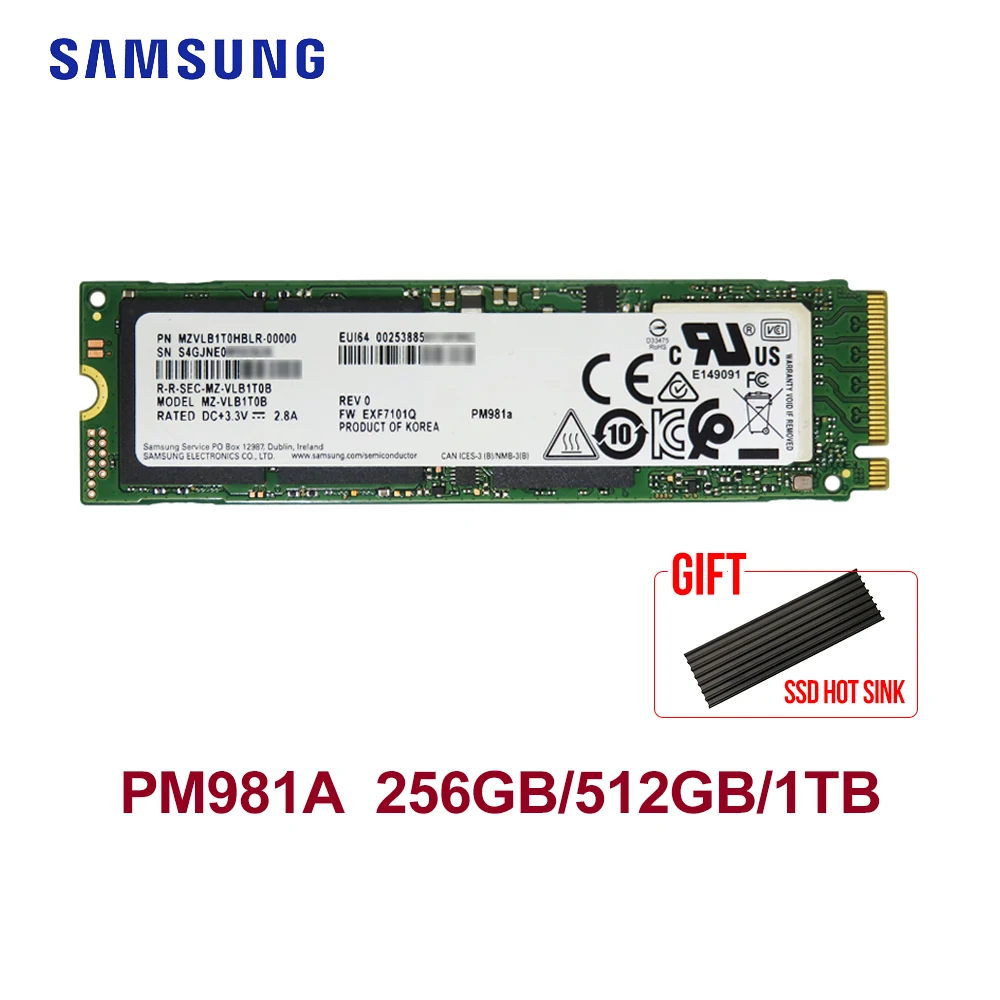 Внутренний твердотельный накопитель Samsung M.2 SSD PM981A 256 ГБ 512 ГБ ТБ M2 NVMe PCIe 3,0x4 SSD для ноутбука и настольного компьютера с радиатором
