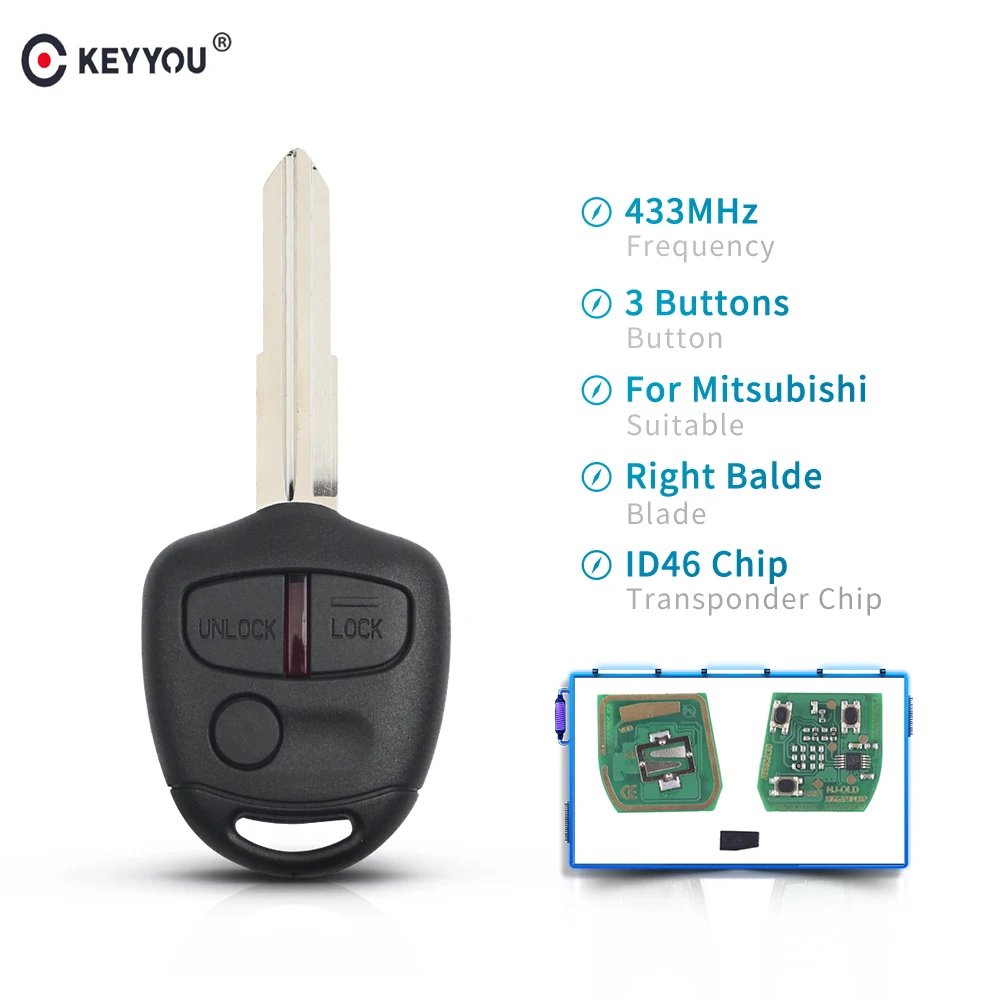 

KEYYOU For MITSUBISHI Outlander Pajero Montero Triton ASX Lancer Remote Key Fob 2 Buttons 433MHZ MIT11 Blade ID46 Chip Auto Key