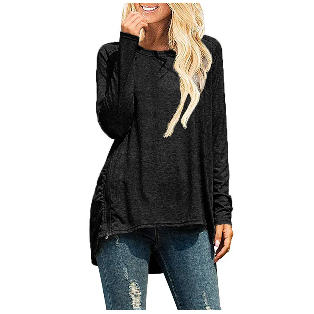 Женская Осенняя блуза с длинным рукавом разрезом сбоку на молнии Свободный