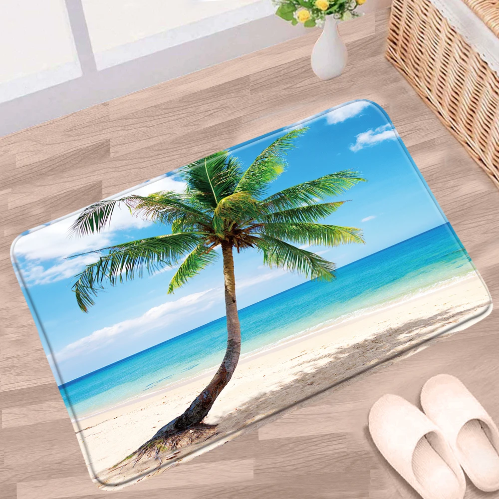 Summer Ocean Scenery Beach Bathroom Mat Palm Tree Sea Landscape Pattern Non-slip Rugs Bath Kitchen Doorway Aisle Carpet Doormat