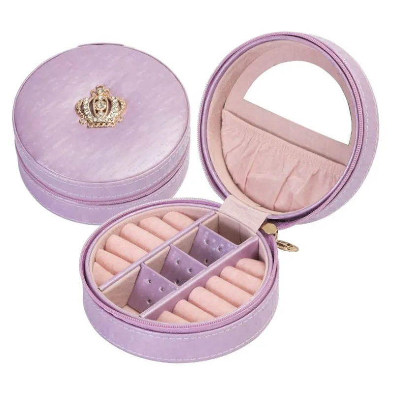 

Round Jewelry Box Organizer Korean Style Crown Travel Portable Simple Ring Earrings PU Leather Jewelry Box Packaging Box
