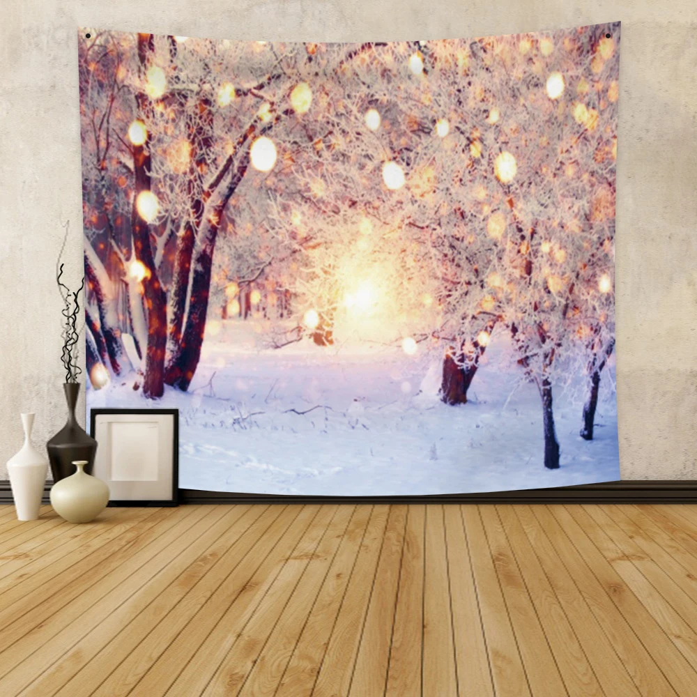 

Laeacco Snowy Winter Forest Tapestry Snowflake Wall Hanging Dormitory Bedroom Art Decoration Beach Picnic Mat