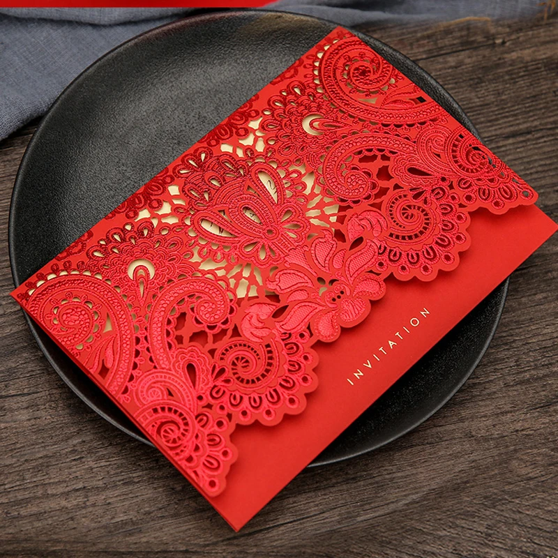 Пригласительные открытки на свадьбу 50 шт. красное/золотое элегантные с Цветочным