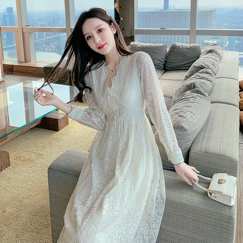 

French Retro Lace Women Dress Spring 2021 New Style High Waist and Thin White Hollow Out Long Sleeve Over-the-knee Long Dresses