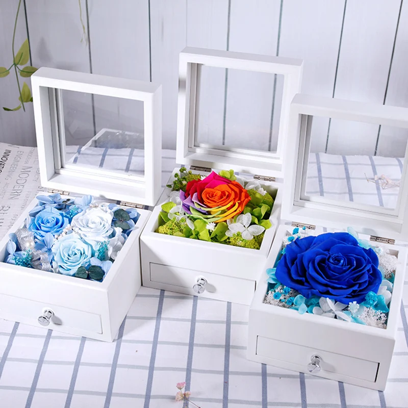 Preserved Roses Forever Flowers Real Rose in Gift Box Elegant Romantic Souvenir Gift with jewelry Box Drawer Container Valentine