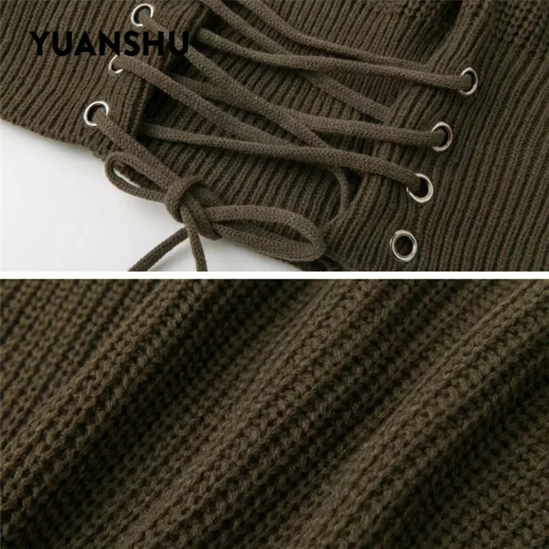 YUANSHU Повседневный укороченный вязаный свитер на шнуровке женский эластичный