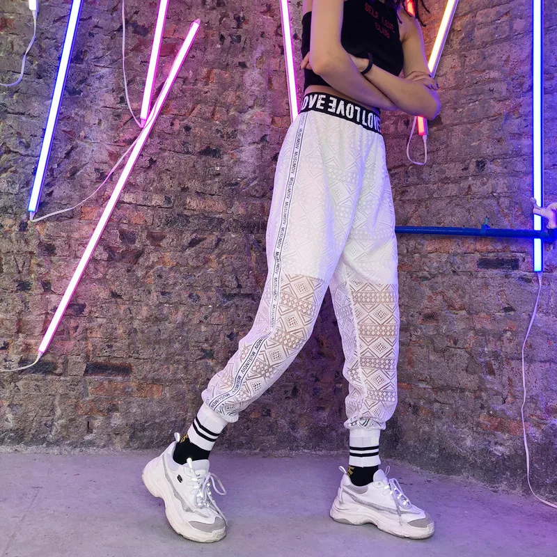 Брюки женские свободные с вырезами уличная одежда в стиле хип хоп кружевные