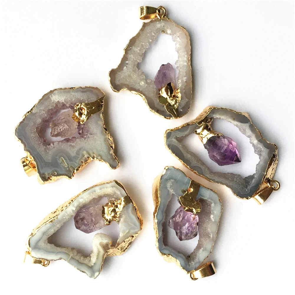 Наскальный Агат ломтик Подвески инкрустированные натуральными аметистами точка