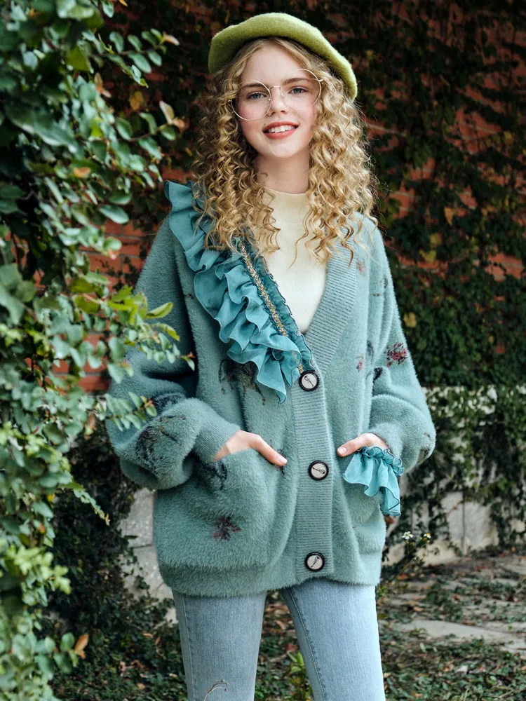 Женский свитер в стиле ретро зима 2019 новинка с оборками принтом вязаный кардиган