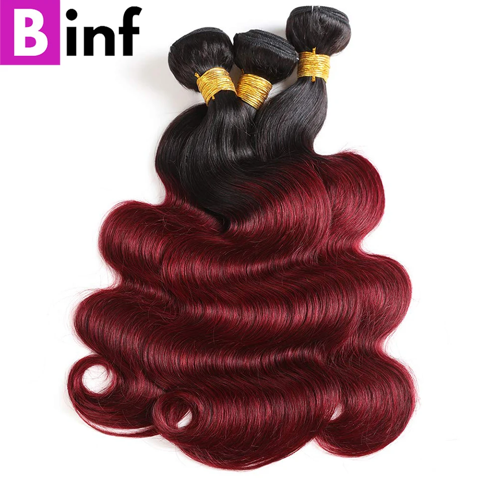 BINF 1B/бордовый пучки с закрытием бразильские волнистые волосы Remy 3/4 4X4 закрытие