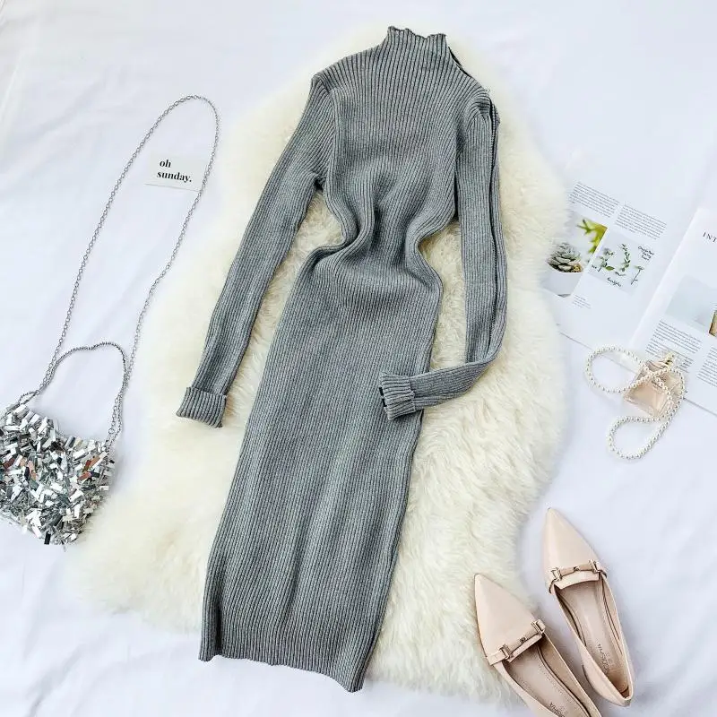 Женское трикотажное платье Young Gee Осеннее однотонное облегающее в стиле ретро с