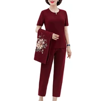 women tracksuit long sleeve cardigan and short sleeve t shirt and casual pants suit middle aged women 3 piece set