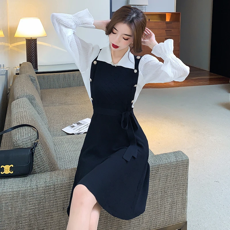 

Женское шифоновое платье в Корейском стиле, однотонное офисное платье составного кроя во французском стиле, весна-осень 2021