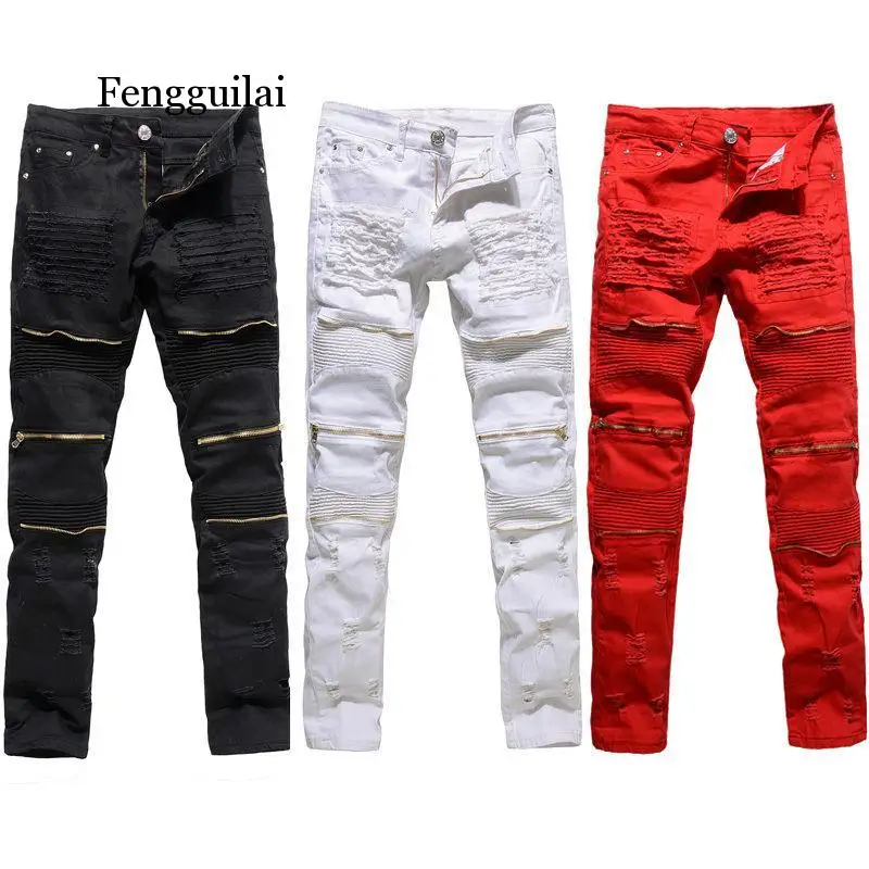 

Classic Slim Mens Jeans Men Clothing Fit Straight Biker Ripper Zipper Full Length Men's Pants Casual Pants Size 36 34 32