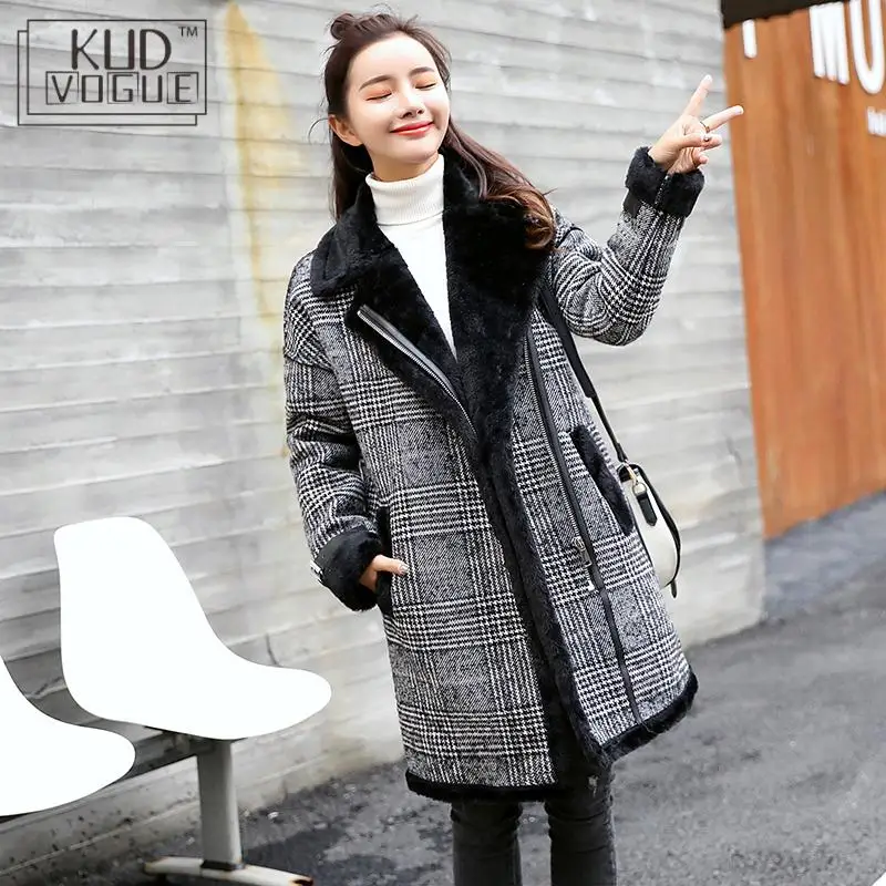 

Faux Lambs Woolen Plaid Coat Casual Winter Jacket Elegant Turn-down Collar Thick Warm Long Coat Women Plus Size Female Outerwear