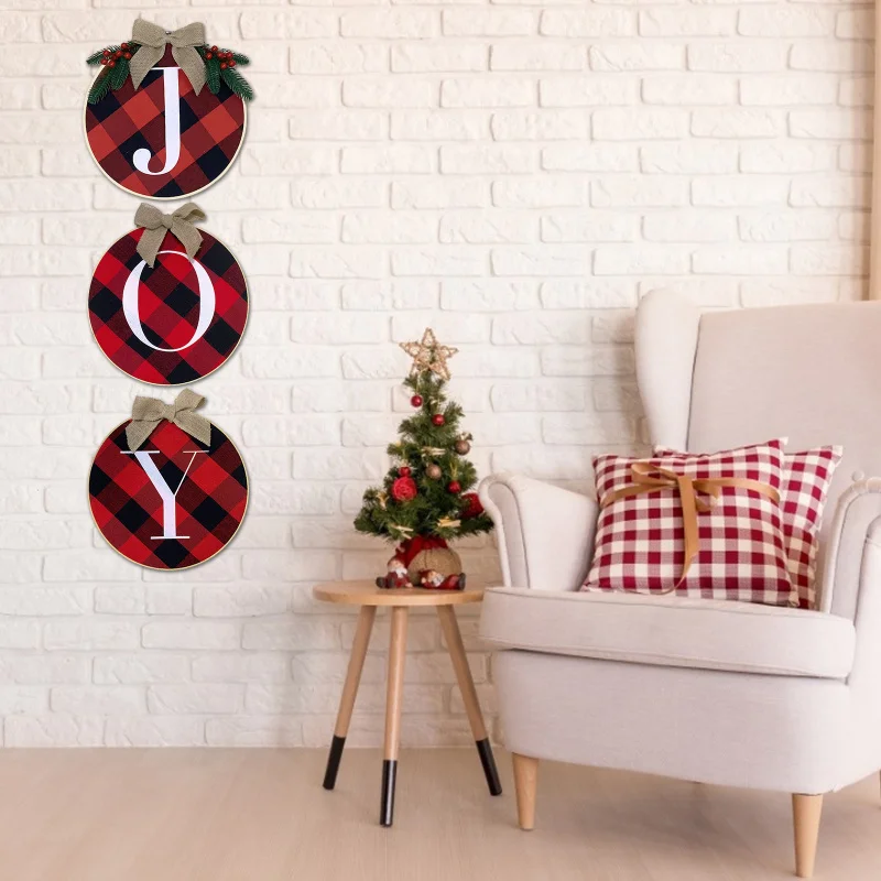 

3 Pcs Christmas Decoration Hanging Joy Sign Wooden Wreath with Buffalo Plaid Cover Christmas Decorations for Home Noel