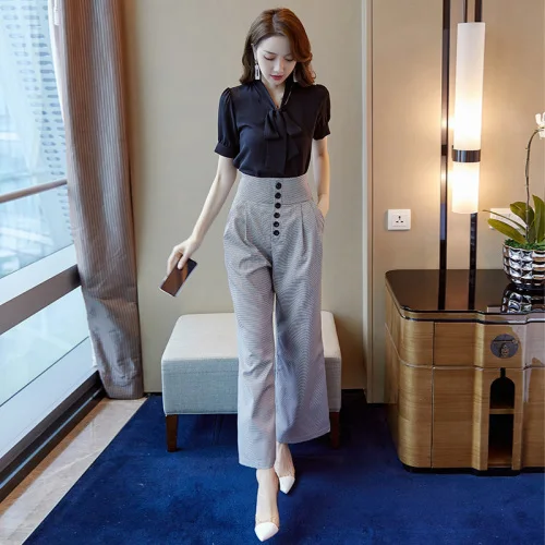 

Peter Pan Collar Top&pants Set Button 2 Piece Office Set Women Two Piece Outfits Ensemble Femme Deux Pieces Conjunto Feminino