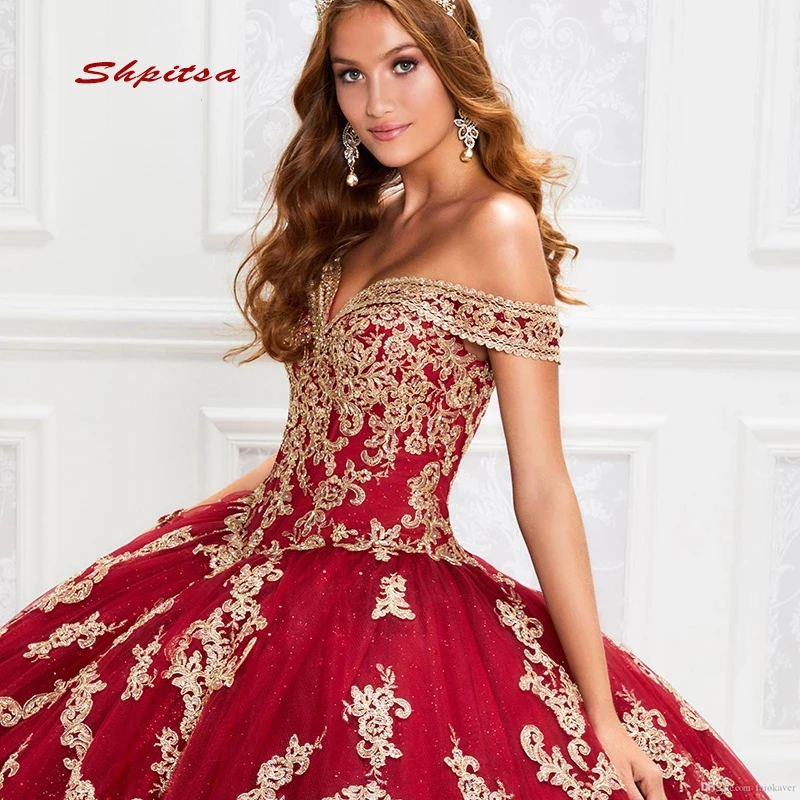 Красное Кружевное бальное платье Quinceanera женское с открытыми плечами