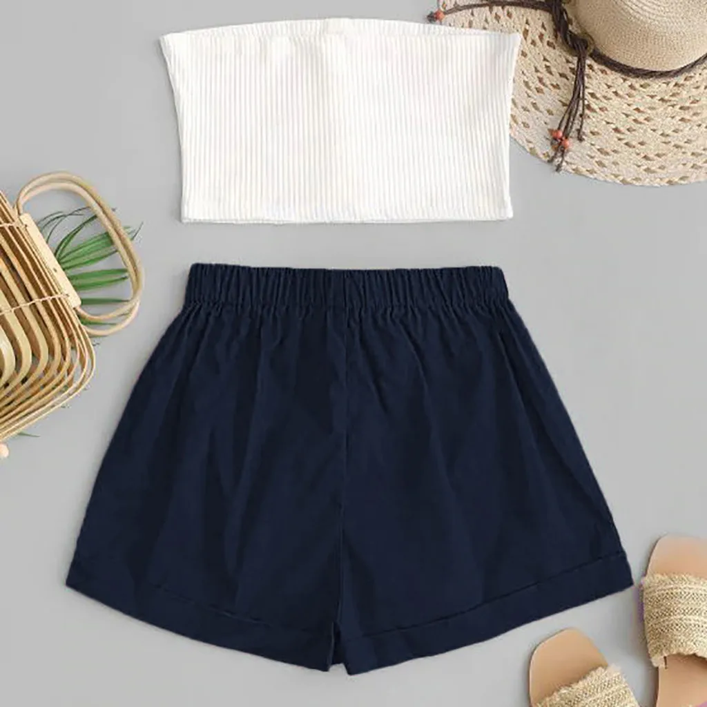 2020 Sexy Off Shoulder Two Piece Set Solid Button Bodycon 2 Women bra top Tube Crop Tops And Shorts Summer Sets |