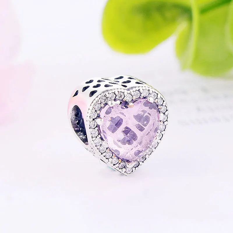 Аутентичные 925 серебряные сердца синие розовые циркониевые каменные бусины