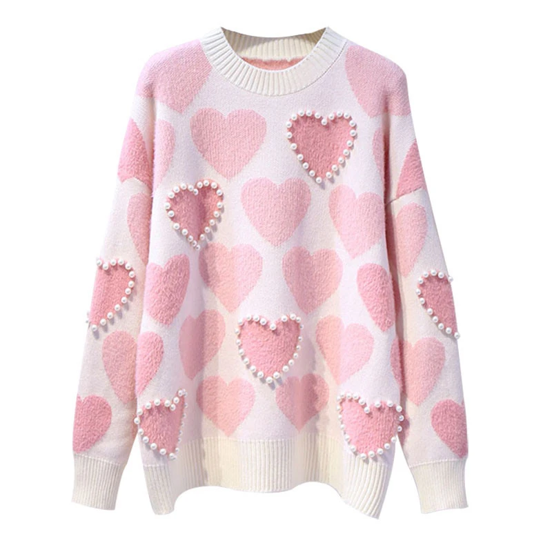 

SALEQI Women Knitted Sweater and Pullovers Oneck Pearls Beading Sweaters Sweet Heart Pull Jumpers Long Sleeve Kawaii Pull Femme