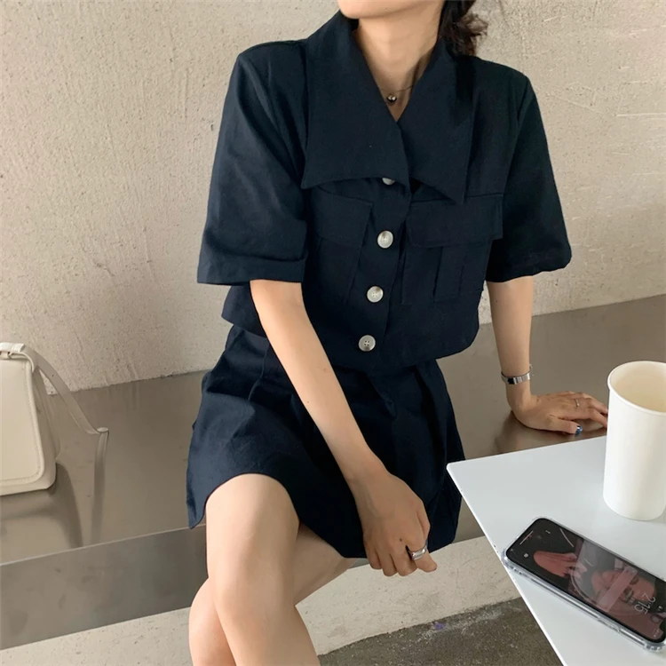 

New 2020 Autumn Woman Sets 2 Piece Matching Short Pleated Pantskirts Casual Buttons Cotton and Linen Pockets Fashion Suit