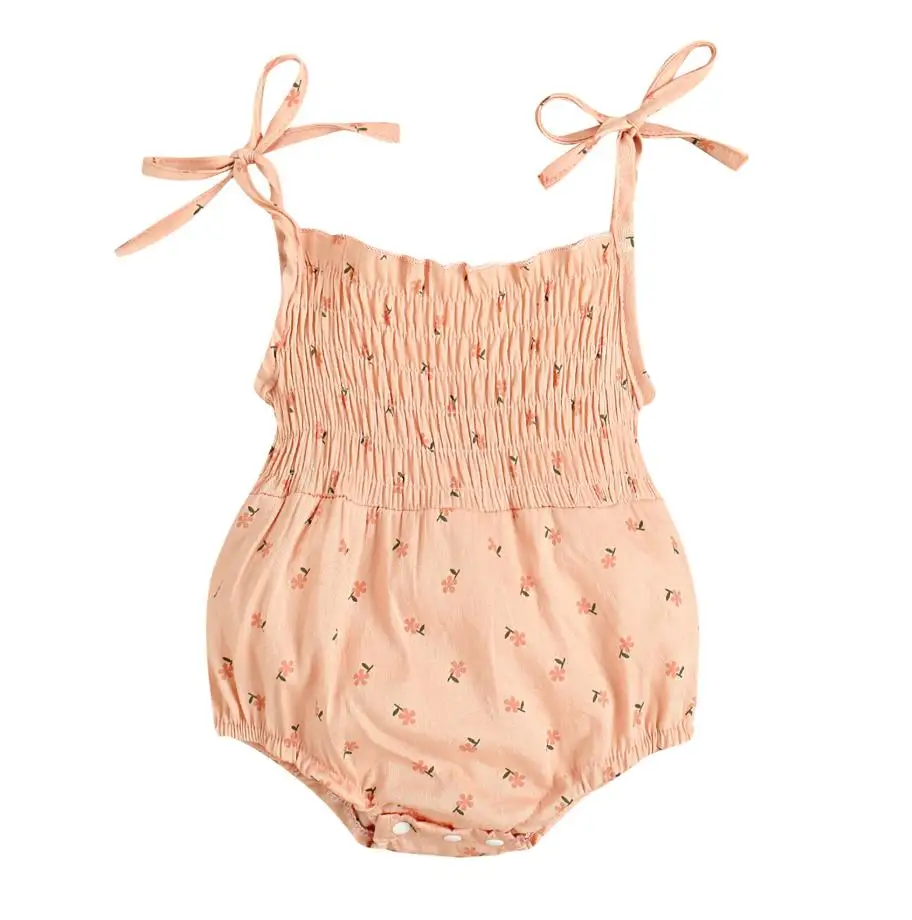 

Summer Baby Girls Tie Strap Rompers Cute Sleeveless Floral Print Smocked Bodysuits Sunsuits