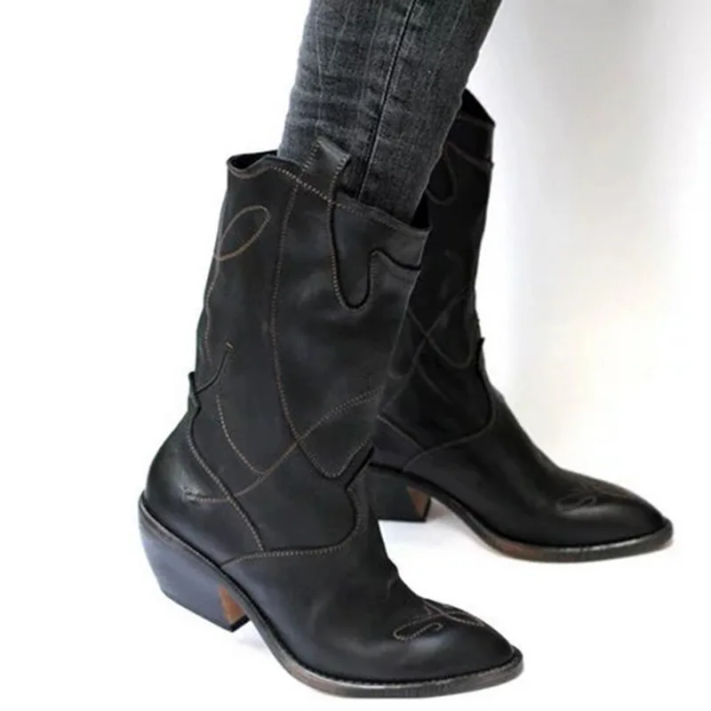 Laamei Women's Western Boots Winter Mid Tube Knight Boot Lady Retro Rome Slip-On Low Heel Leather Shoes Wide Calf Cowboy Botas