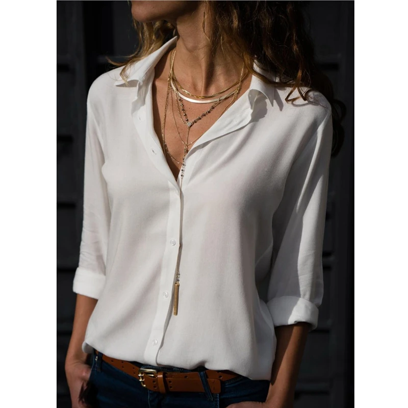 

Women White Blouses Basic Button Solid 2021 Summer Long Sleeve Shirt Female Chiffon Office Ladies Slim Clothing Plus Size Tops
