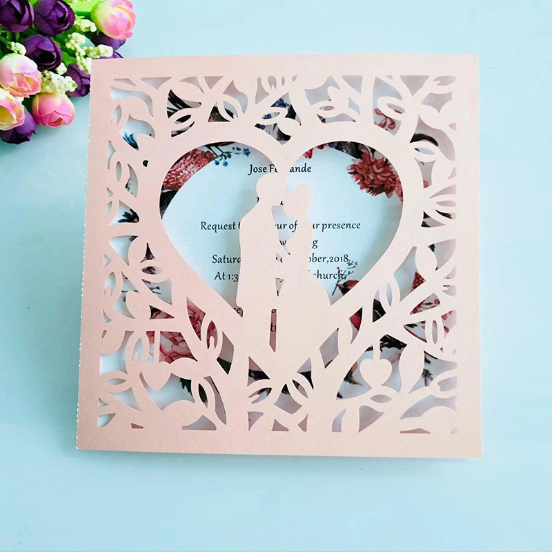 

100pcs Square Bride and Groom Wedding Invitation Card Blue Burgundy Gold Heart Personalized invitations Cards Party Supplies