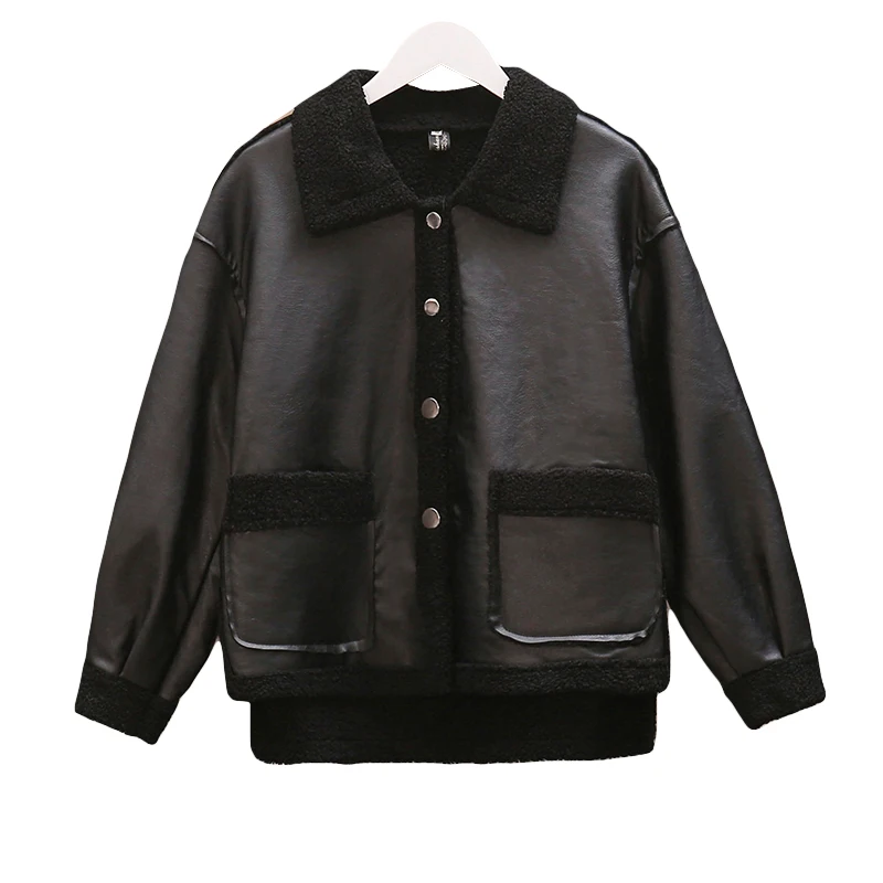 Женское кожаное пальто размера плюс зимнее короткое из искусственной овечьей