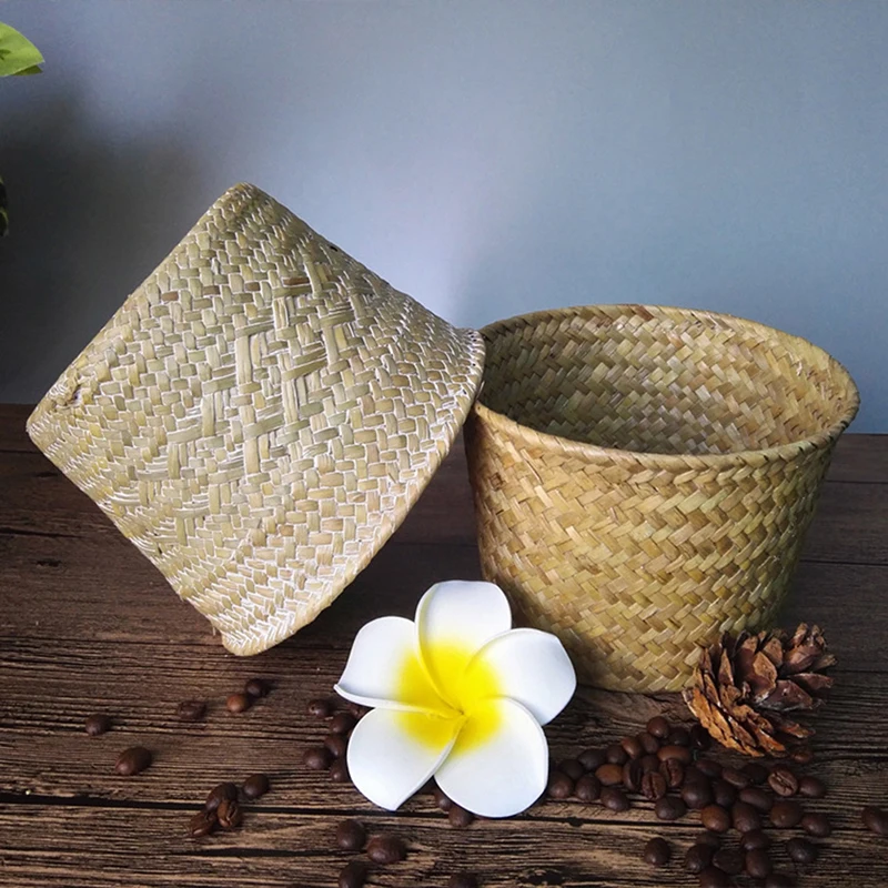 

2021 Handmade Bamboo Storage Baskets Laundry Straw Patchwork Wicker Rattan Seagrass Belly Garden Flower Pot Planter Basket